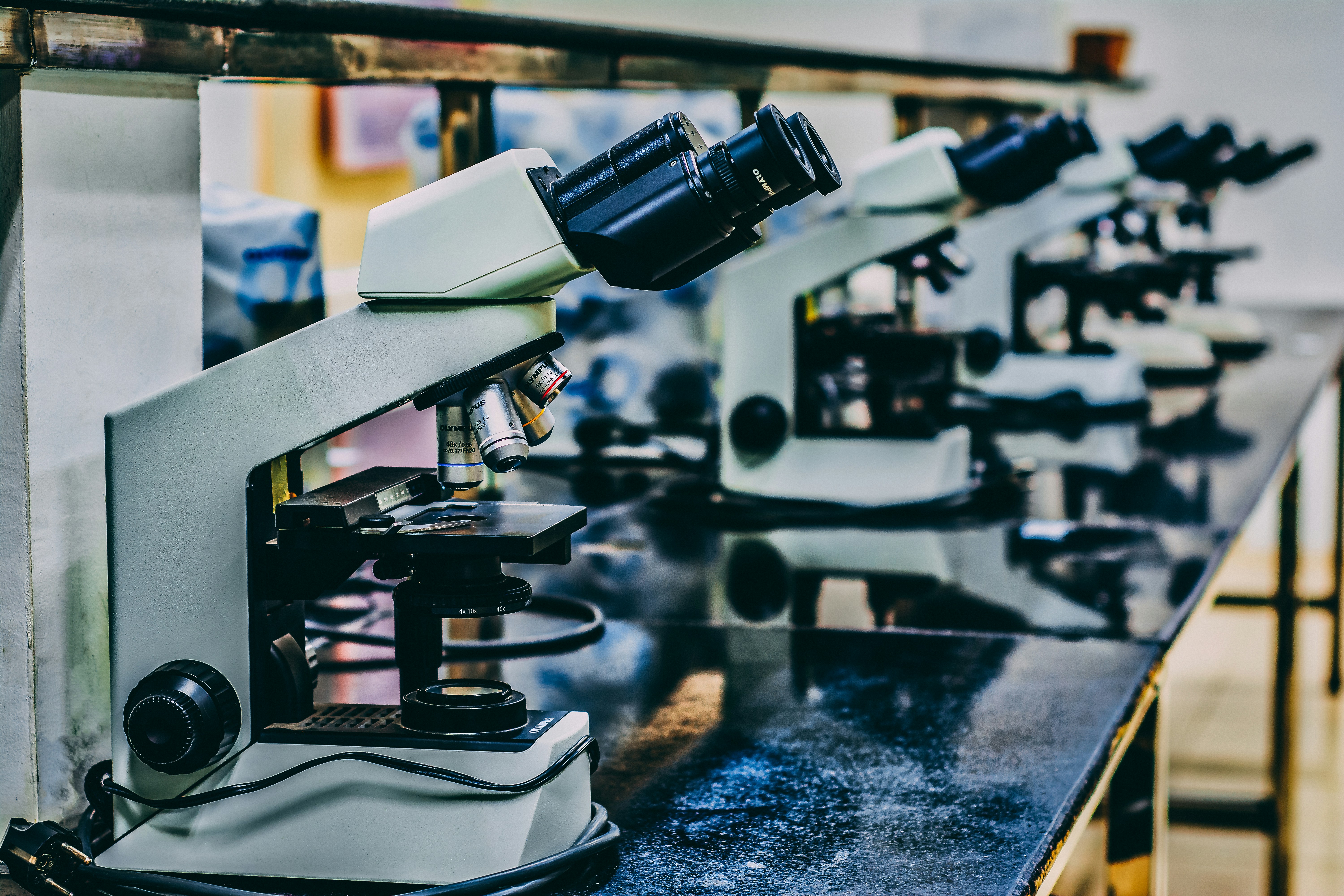 Microscopes lined up in a laboratory setting.
