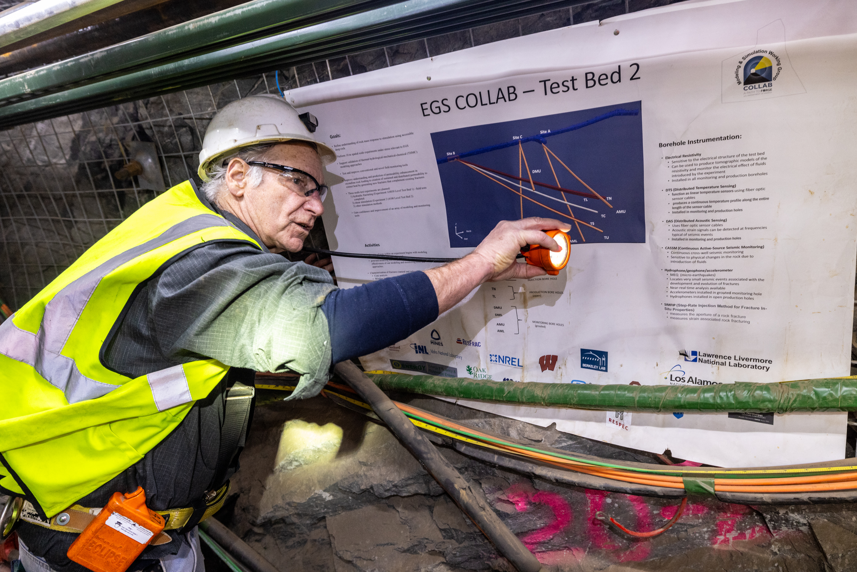 Dr. Bill Roggenthen, a professor emeritus of geology at South Dakota Mines, speaks inside the geothermal laboratory, 4100 feet below the surface at SURF.  Photo by Matthew Kapust