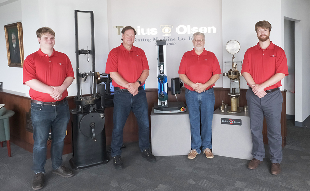 Generations of excellence continue at Tinius Olsen, with an unwavering commitment to industry leadership and innovation in materials testing. l to r: Derek Tait (6th gen), Robert Tait (5th gen); David Dowdy (5th gen); Bobby Tait (6th gen)