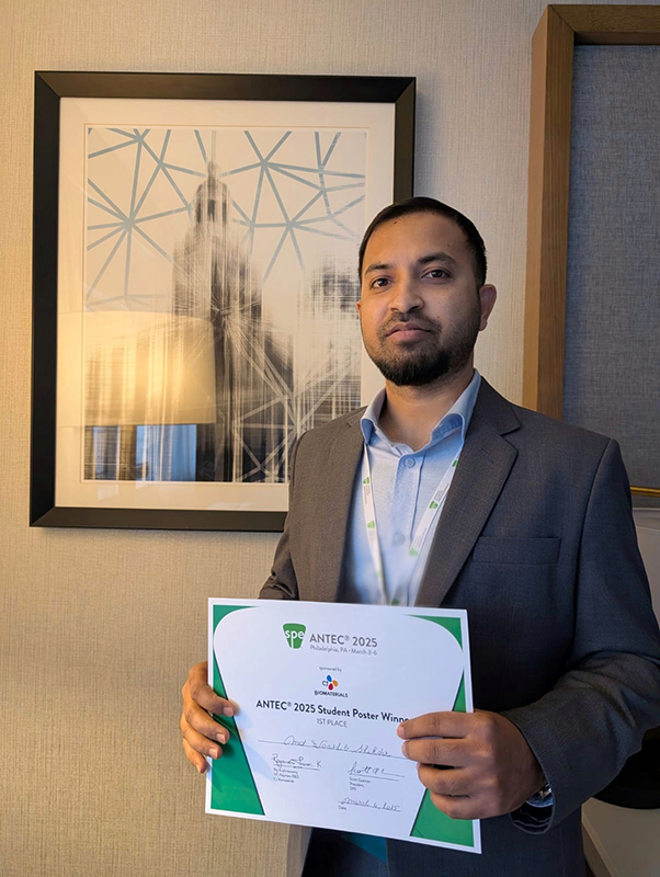 Md Woashib Shikder, a South Dakota Mines doctoral student, earned first place for his research on a sprayable hybrid biopolymer mulch aimed at promoting sustainable agricultural production during the annual l Society of Plastics Engineers (SPE)’s Annual Technical Conference (ANTEC).